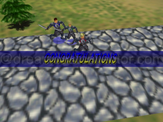 Every character in the game uses the same general animation which is best described as exaggerated heavy breathing. This is combined with a distinct lack of animation for the characters just gives a very budget feel to the game. Here a battle is over and the squad all recycle the same few frames of victory animation. © NOISIA 2000 All Right Reserved.